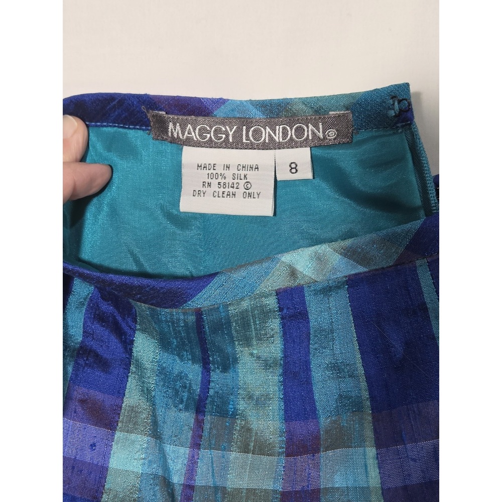 Maggy‎ London Silk Plaid Midi Skirt Womens 8 Blue Teal Pleated Vintage Excellent - Picture 6 of 9